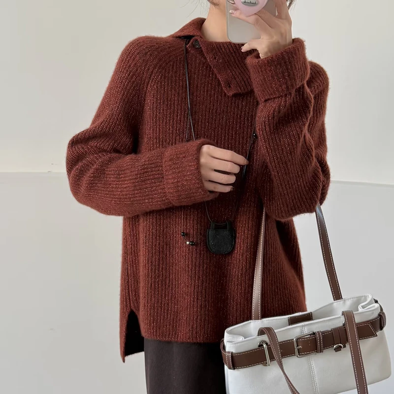 100%羊毛慵懒风羊毛打底衫百搭宽松时尚针织衫韩版中长款加厚毛衣