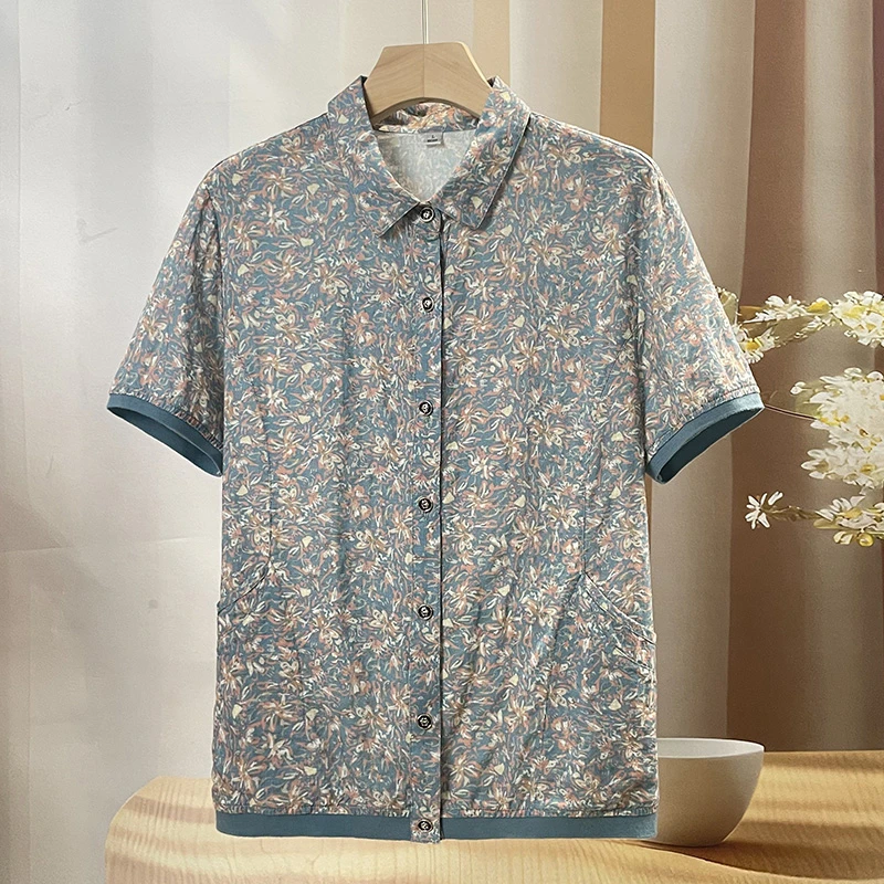 100%纯棉衬衫女中老年人妈妈款夏装短袖套装60岁70奶奶夏季上衣服