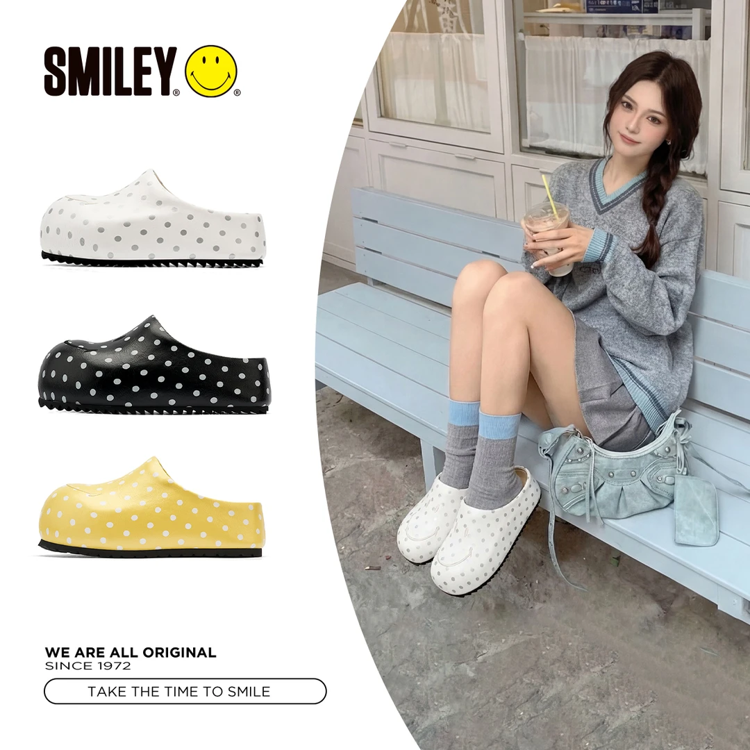 【鞠婧祎同款】SMILEY笑脸波点穆勒拖夏季透气拖鞋女一脚蹬外穿半拖