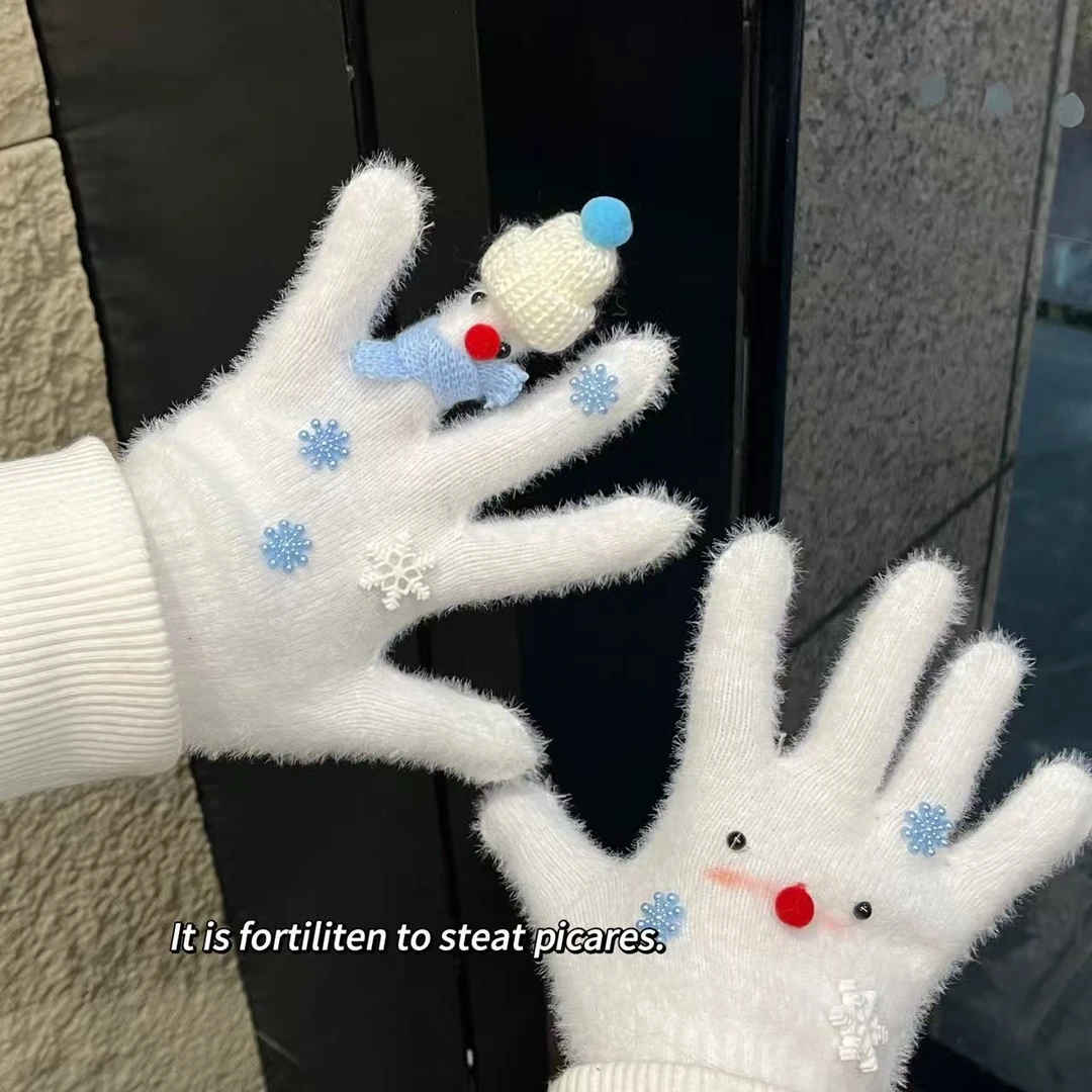 爆款手指雪人手套初雪冬季女水貂毛学生可爱保暖分指骑行防风防寒
