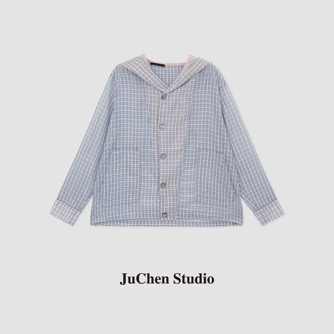 “布鲁斯”设计感春夏防晒双织半透格纹连帽衬衫外套 SS123527