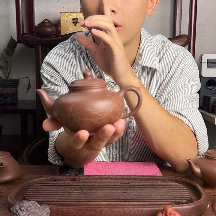 紫砂茶壶原矿老紫泥刻绘笑樱紫砂壶