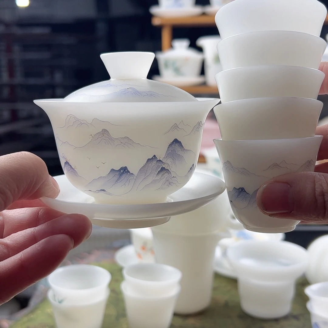 放***-素烧璞玉元宝盖碗170ml+5个美人杯-紫色万里山河