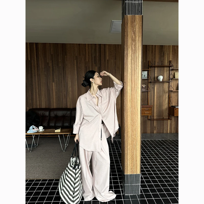 JCCC影子【百利甜】夏季浅粉色衬衫套装欧若风慵懒舒适JE4FSZ18