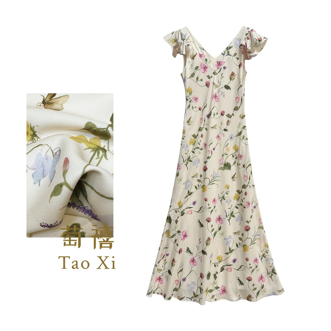 【珠珠】现货 七夕限定 淡雅 桑蚕丝双绉 印花V领连衣裙TX06QZ1066