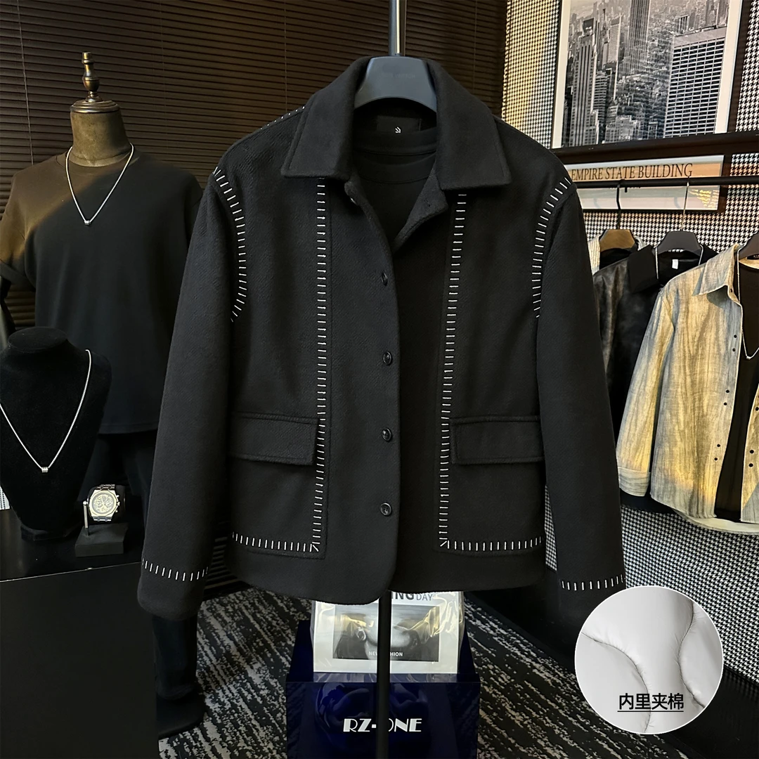 【BJ】男士冬季高定老钱风明线设计毛呢夹棉羊毛翻领夹克厚外套