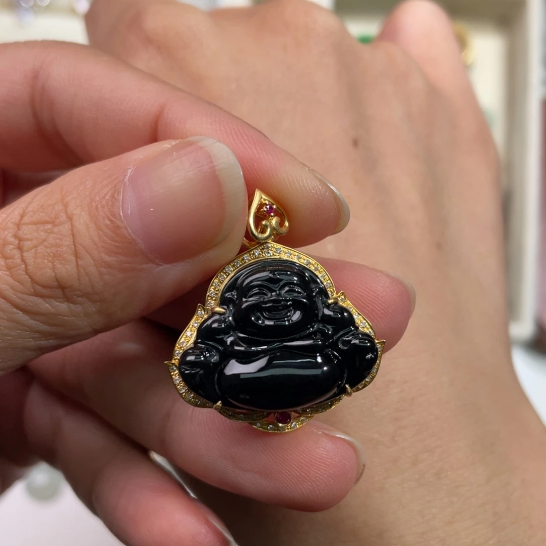 颈饰18K金镶嵌翡翠墨翠佛公024