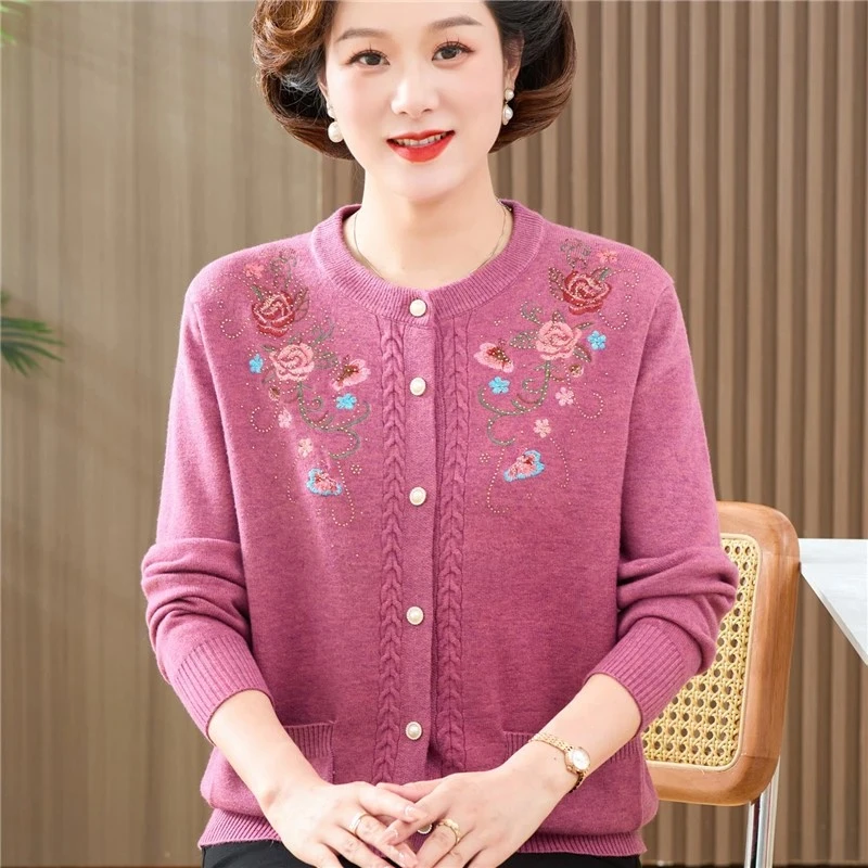 中老年女装春秋针织外套女宽松妈妈中年薄款开衫奶奶装圆领对襟衫