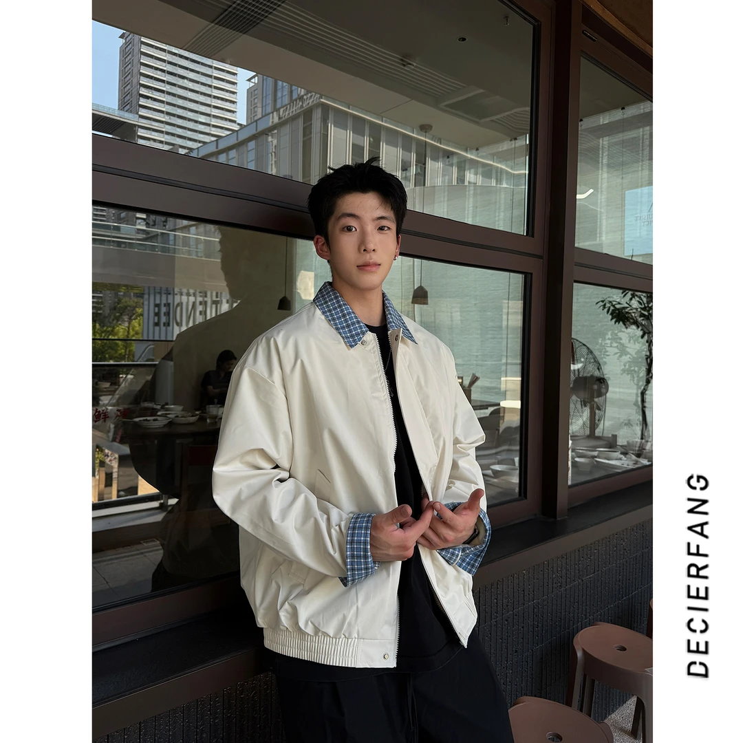 HAIDAN25ss秋季百搭宽松假两件设计蓝白格子外套老钱新贵翻领夹克