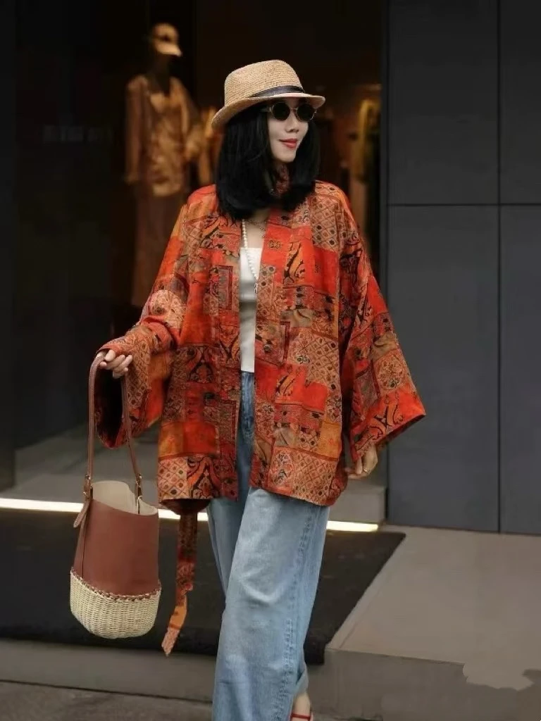 深圳南油欧货秋款新中式国风香云纱真丝印花宽松长袖斗篷外套上衣