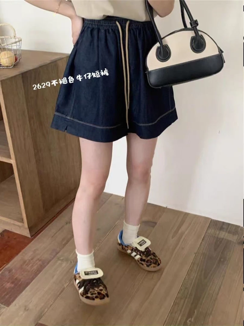 2629夏季短裤不掉色牛仔A字阔腿女士休闲裤松紧腰