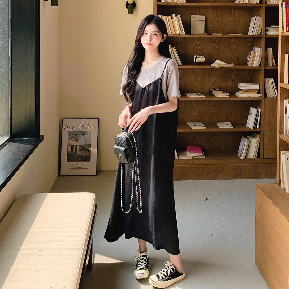 独特小众别致拼接吊带假两件连衣裙女夏慵懒气质小个子休闲长裙子