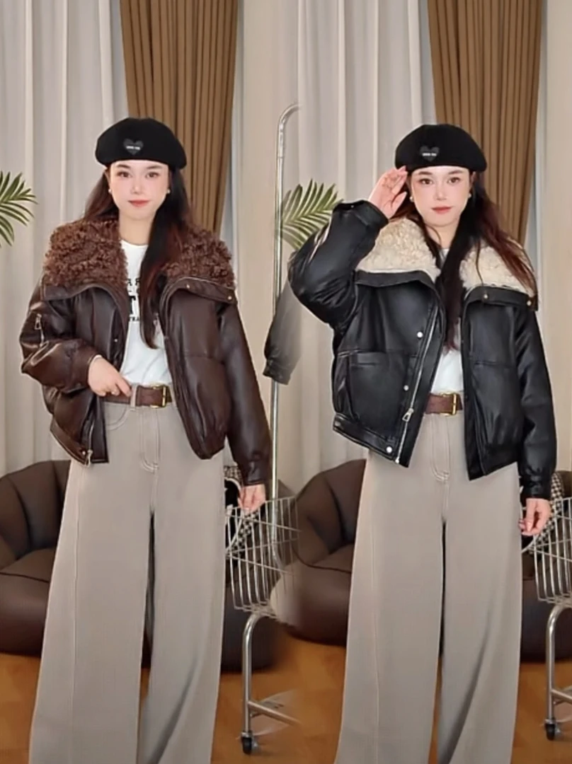 毛毛领羽绒宽松型显瘦冬季时尚厚款翻领皮衣韩版羽绒服