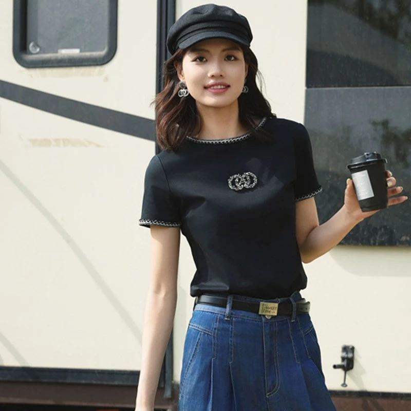 {专柜}商场同款2025女装春夏百搭圆领小香风花边短袖T恤530054