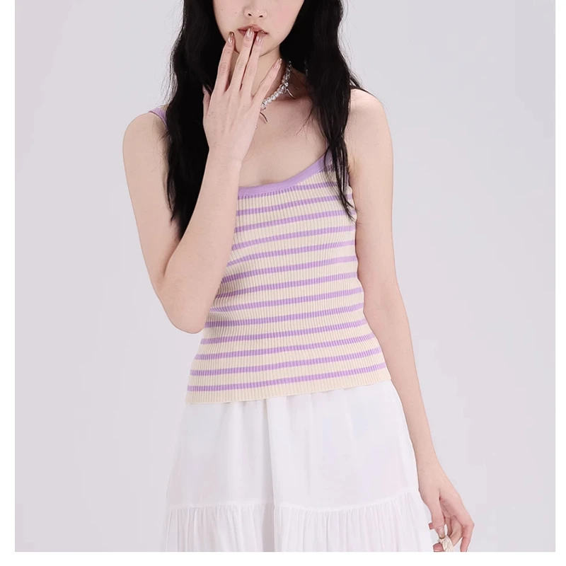 纯欲甜辣风撞色条纹吊带背心女新款春夏修身显廋打底无袖短款上衣