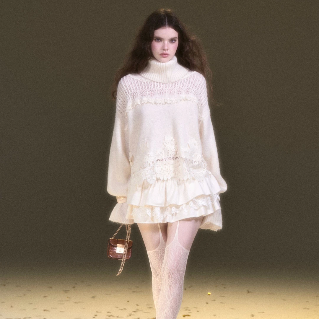 RunRunSweet原创 马海毛拼接蕾丝刺绣针织毛衣半裙重工套装秋冬