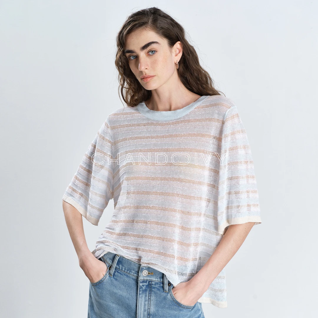 CHANDOOIVY淡系航海风意大利进口有机亚麻棉松弛垂坠微喇中袖上衣