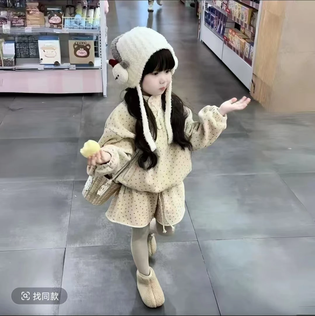 秋季女童碎花卫衣加绒2025新款韩系儿童立领半拉链上衣女孩套装