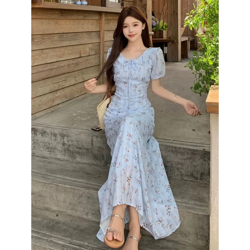 2025新款蓝色碎花连衣裙子女夏季爆款法式今年漂亮巨好看长裙4760