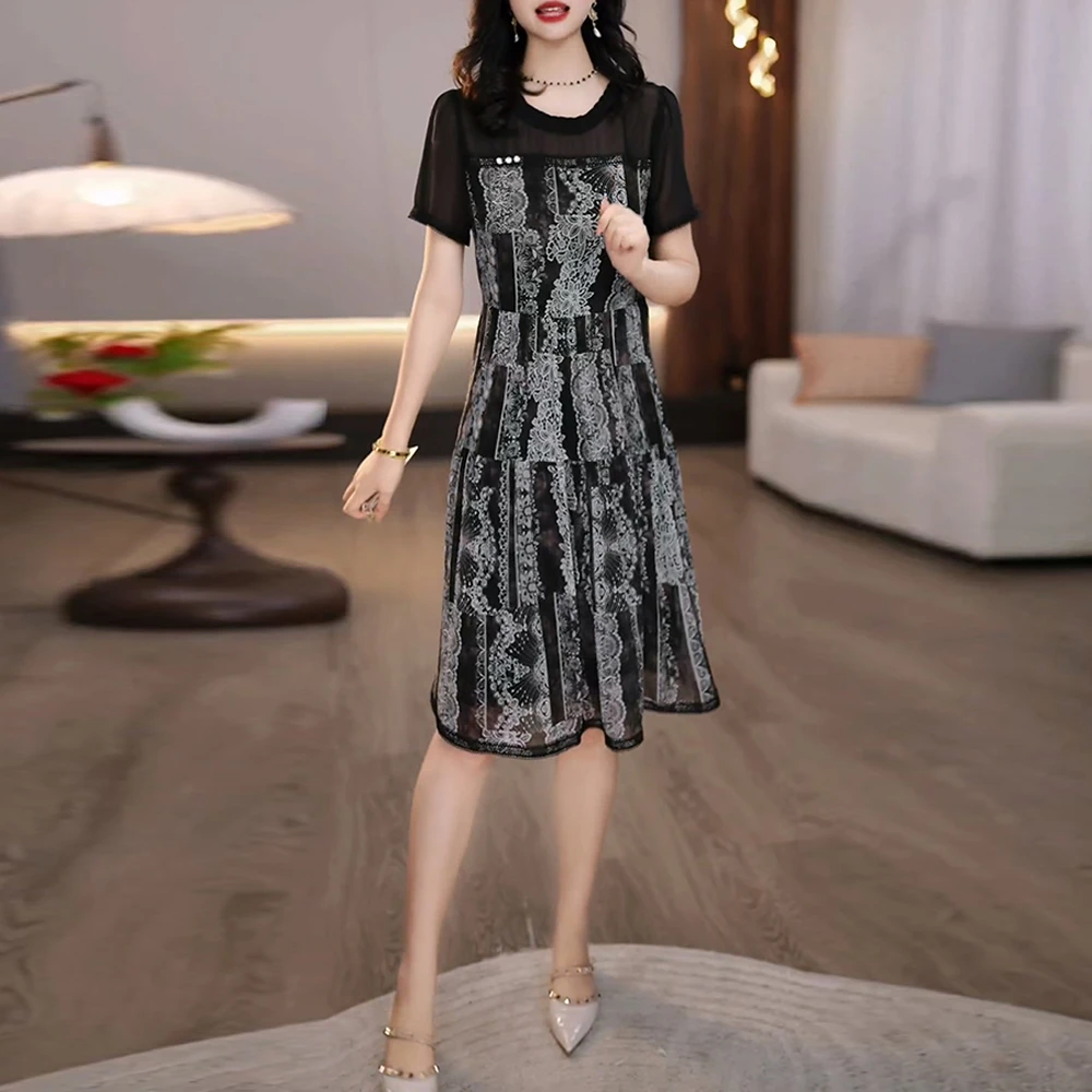 时尚轻羽丝洋气印花连衣裙女新款夏季2025漂亮遮肚子藏肉显瘦裙子