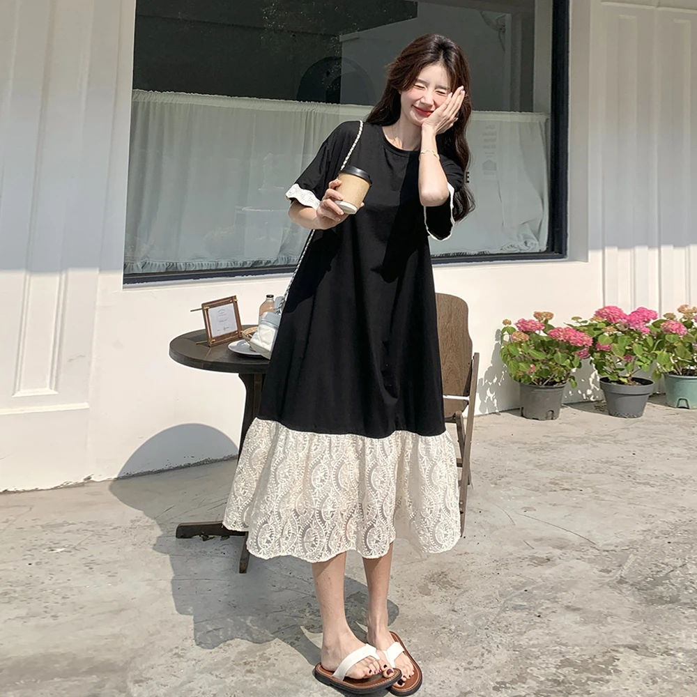 黑色蕾丝拼接T恤裙女夏季新款韩版小个子设计感宽松气质连衣裙