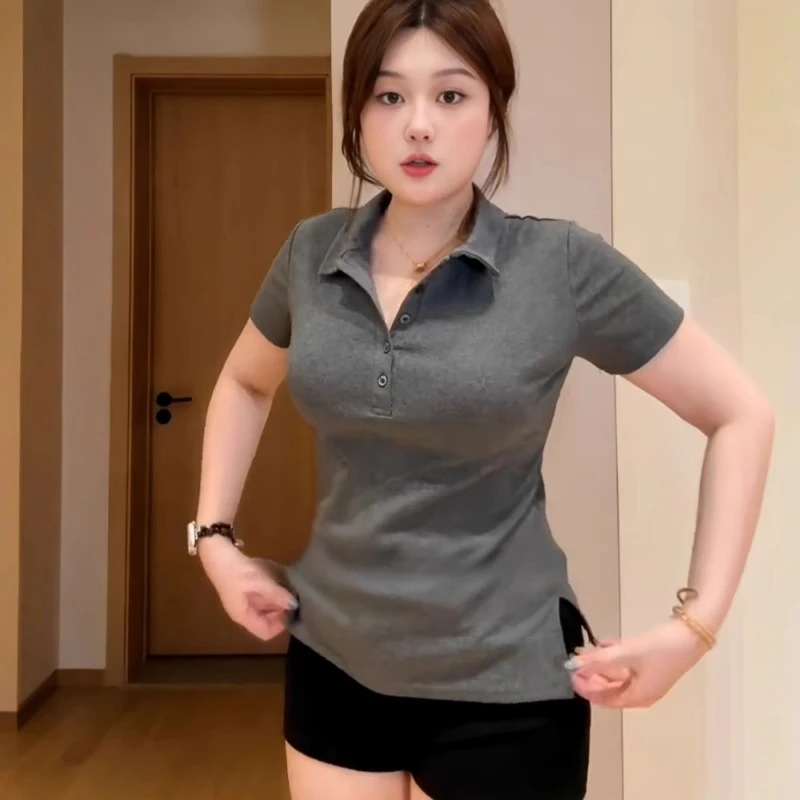 大码女装POLO领修身正肩短袖t恤夏季新款胖mm显瘦遮肉开叉上衣服