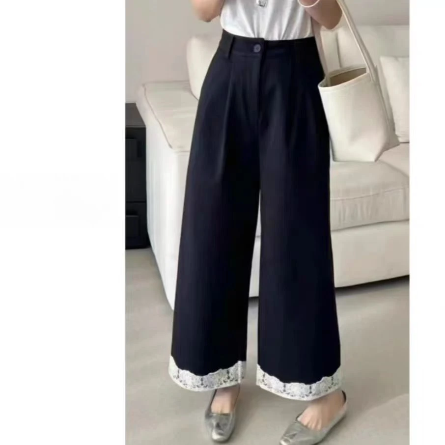 (运费补贴) 裤口花边春季爆款休闲显瘦宽松百搭蕾丝拼接阔腿裤