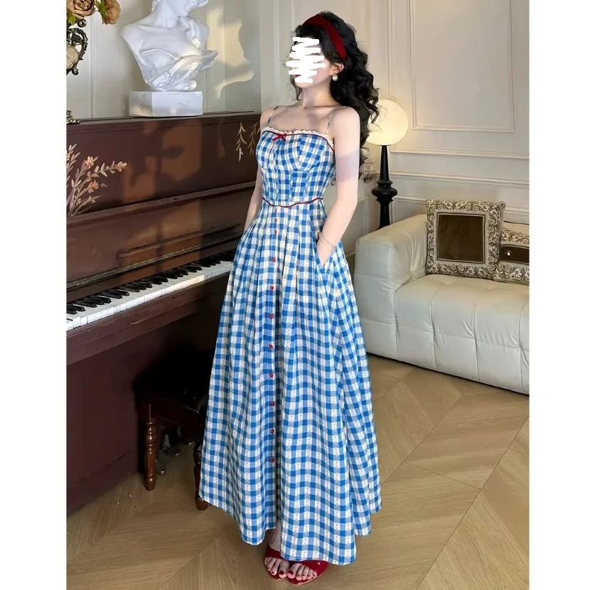 2025新款格子拼接显白修身碎花吊带连衣裙气质长裙可拆卸变短裙