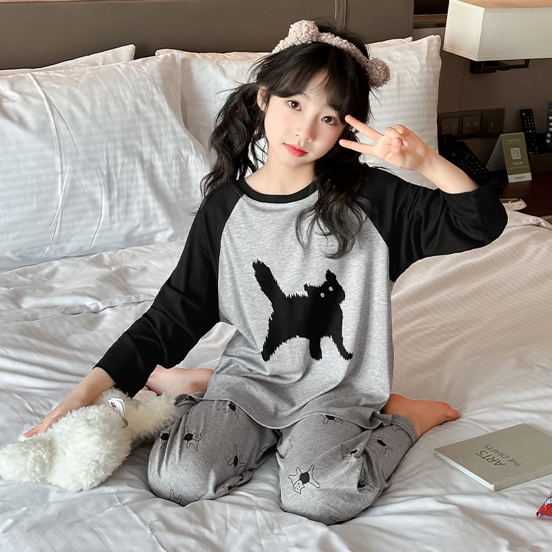 儿童莫代尔睡衣春秋季女童大童长袖家居服套装6-16岁女孩夏空调服