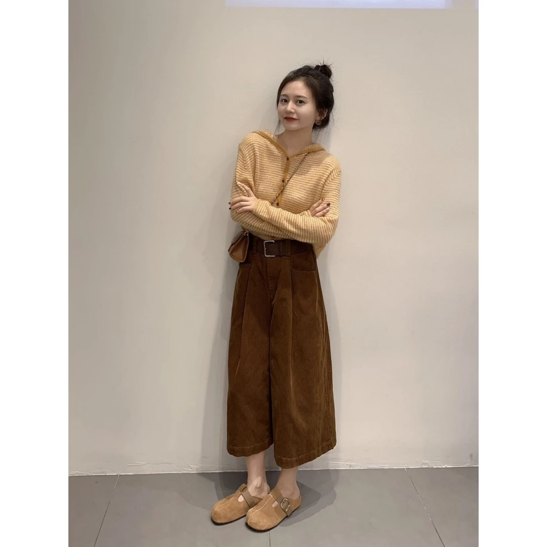 2025秋季新款韩系温柔风撞色条纹针织开衫女外套上衣灯芯绒阔腿裤