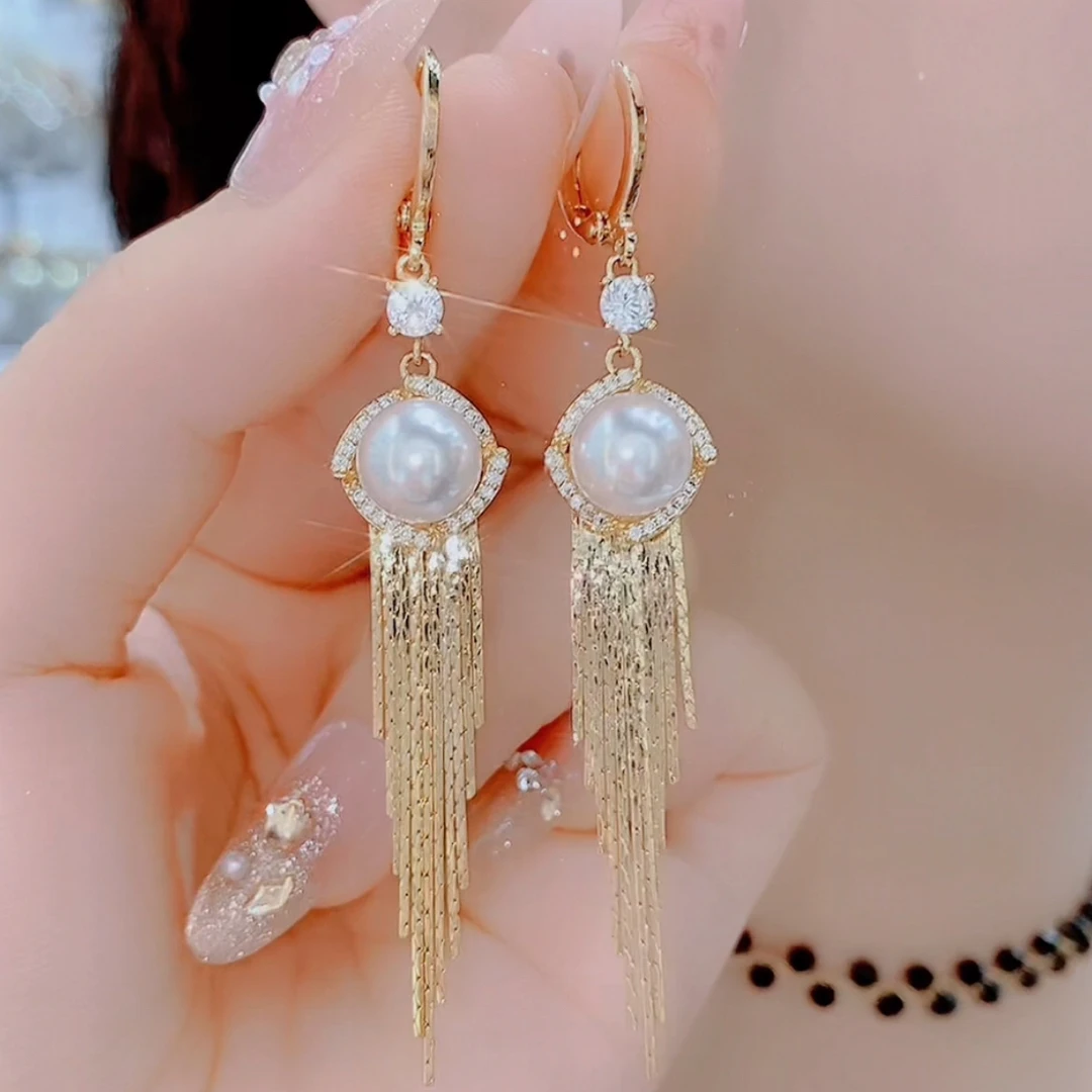 铜合金仿珍珠耳饰 0111时尚百搭气质流苏修饰脸型显瘦耳环