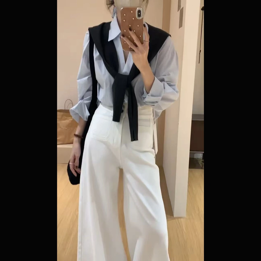 2025超火穿搭一整套韩系慵懒风宽松衬衫披肩上衣显瘦阔腿裤两件套