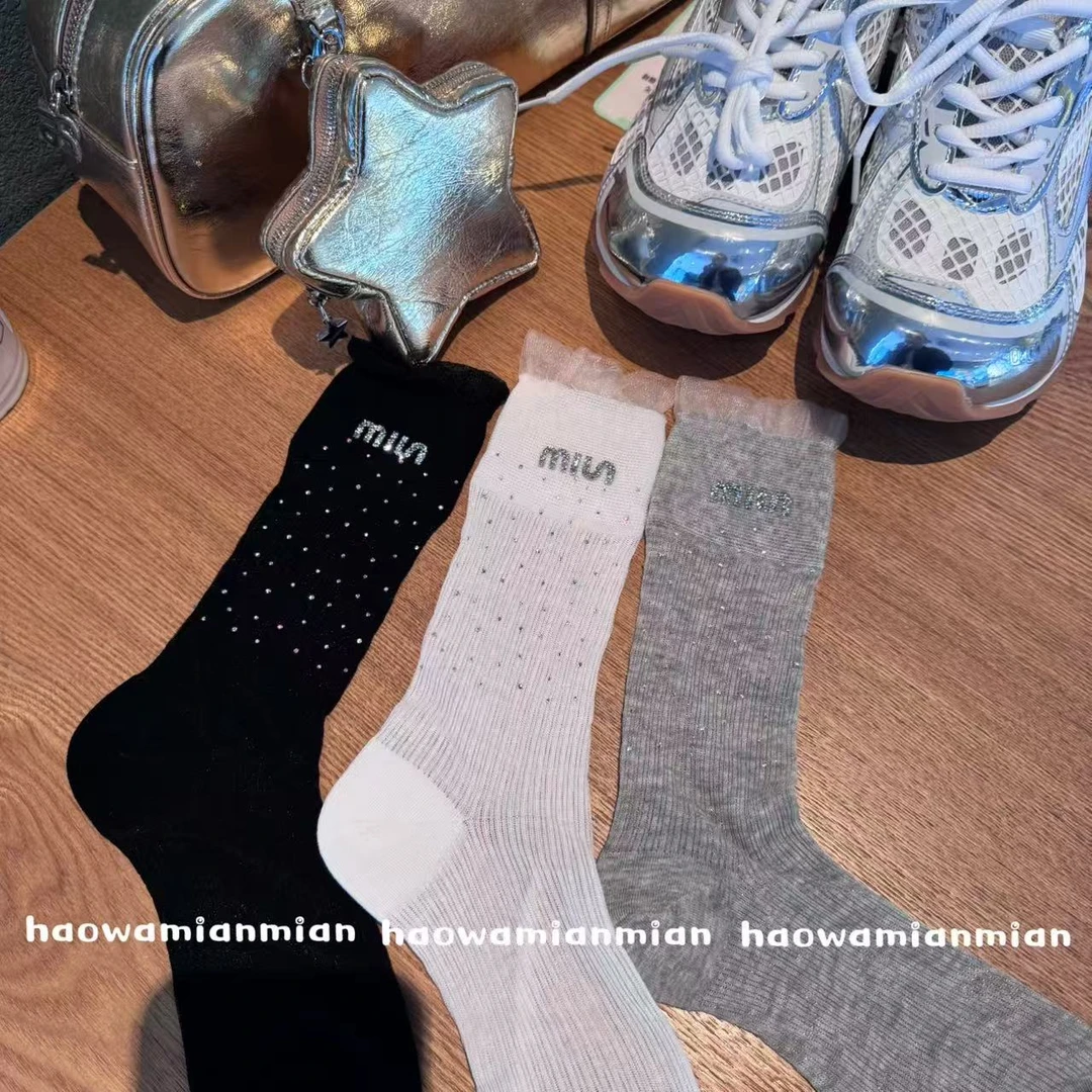 韩版网纱拼接奢华水钻满天星袜子女中筒甜美蕾丝堆堆袜女袜