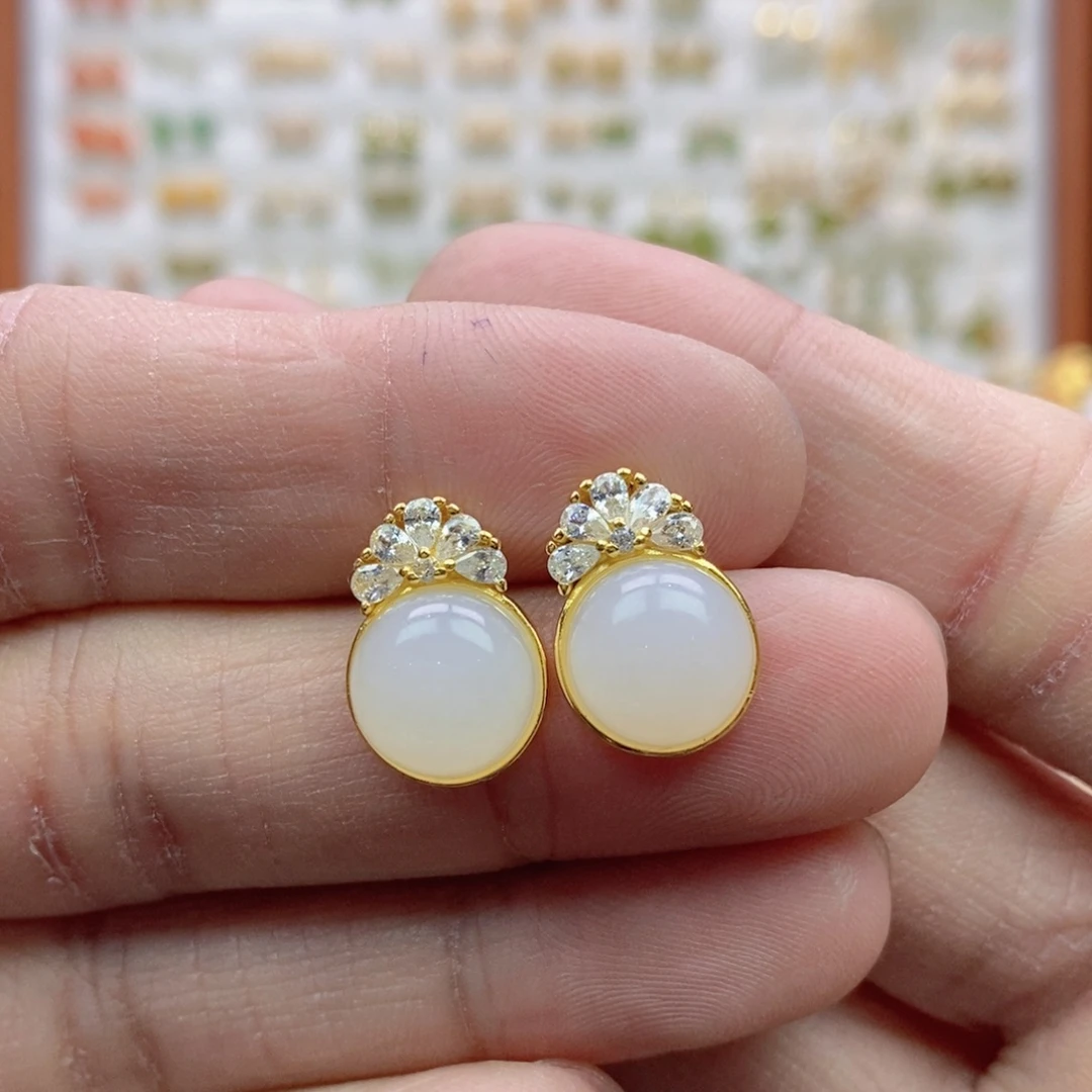 和田玉银S925镶嵌耳饰