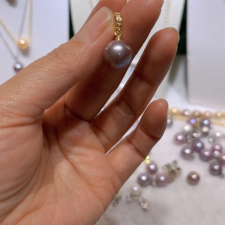 淡水珍珠紫珠金色万能扣吊坠银S925镶嵌