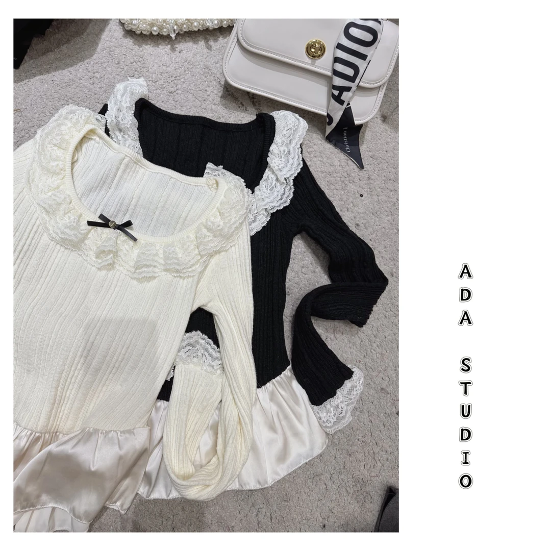 Ada定制【甜美淑女】甜美蝴蝶结圆领蕾丝边长袖修身针织衫上衣女
