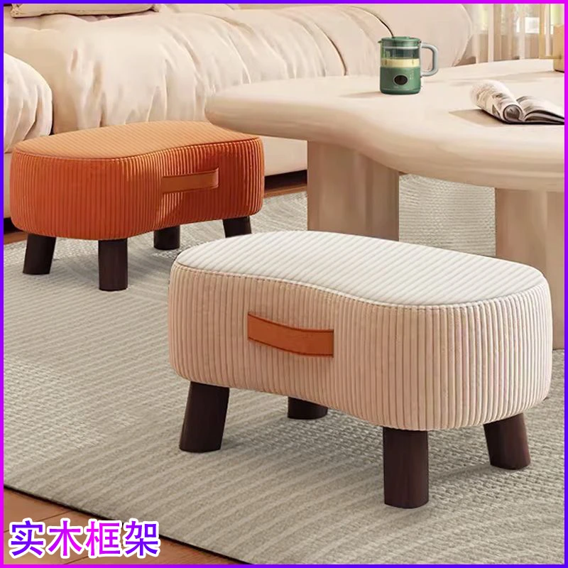 家用客厅实木框架小凳子圆凳北欧风脚踏沙发矮凳软包入户换鞋凳子