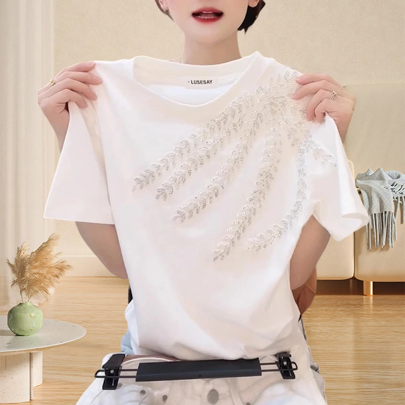 夏季新款时尚简约休闲衣服女慵懒风上衣重工刺绣白色t恤女ins短袖