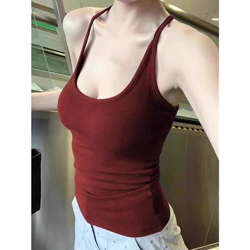 超好看红色挂脖遮副乳带胸垫吊带背心女内搭打底修身美背无袖上衣