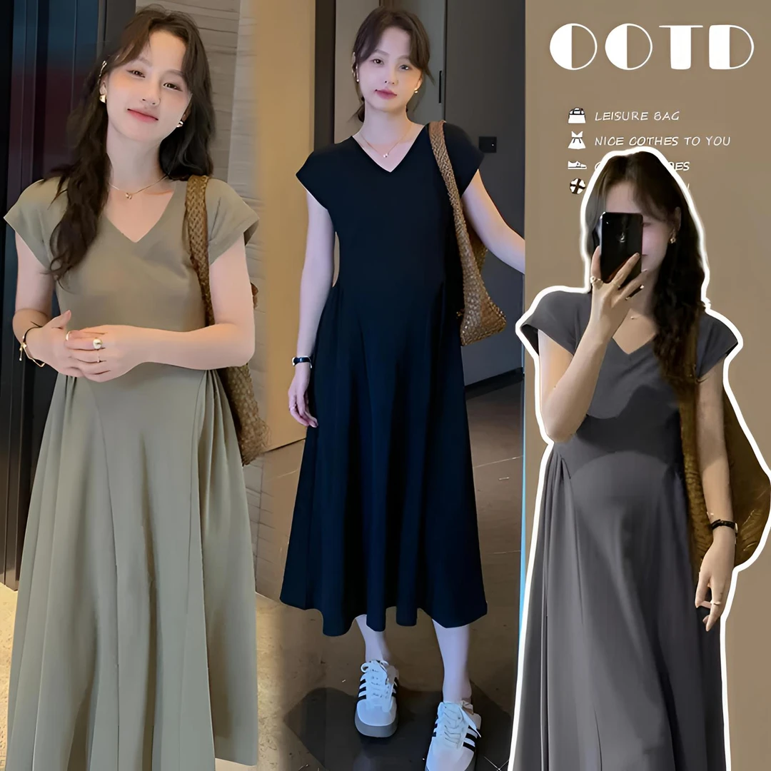 时髦孕妇装2025年新款短袖休闲宽松中长款时尚显瘦洋气遮肉连衣裙