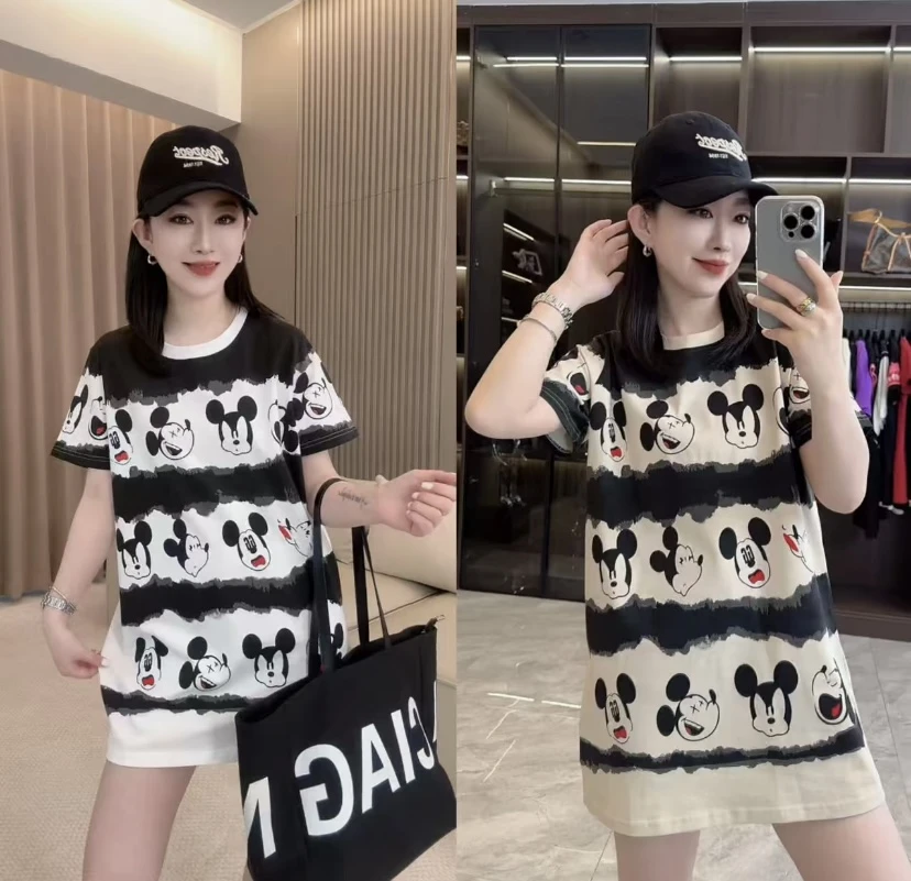 韩系百搭宽松米奇中长款T恤欧货2025夏季新款时尚休闲套头上衣潮