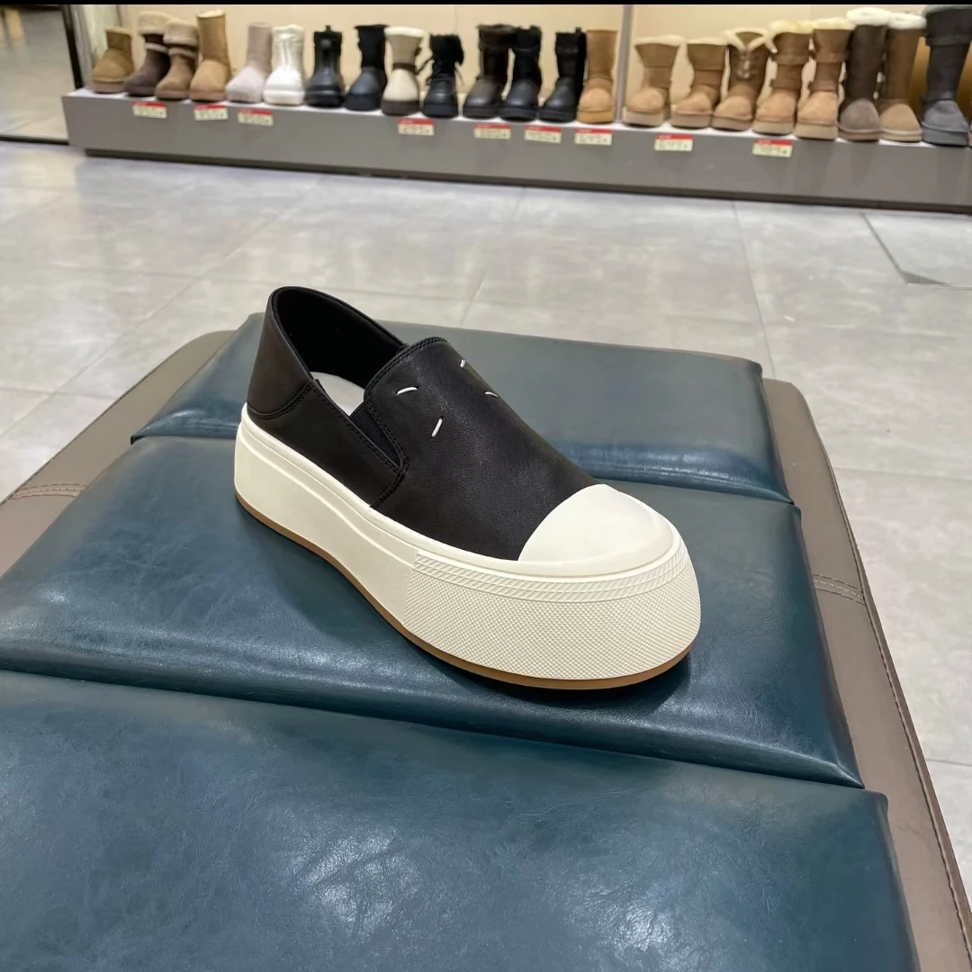 c348波斐2025春季新款一脚蹬厚底纯皮休闲鞋百搭圆头松糕底女鞋