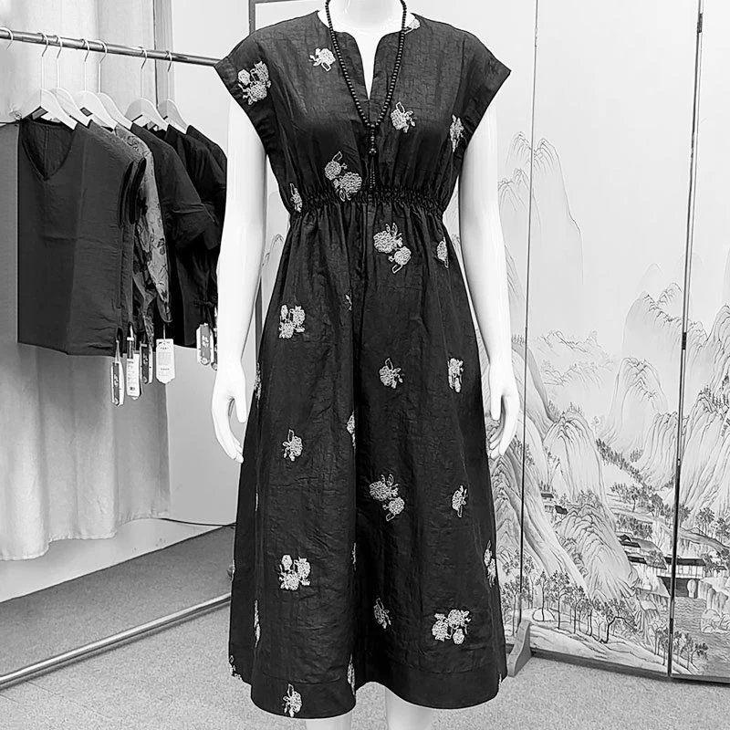 【阿邦香云纱】100%桑蚕丝刺绣黒龟老料连衣裙显瘦新中式中国风女装