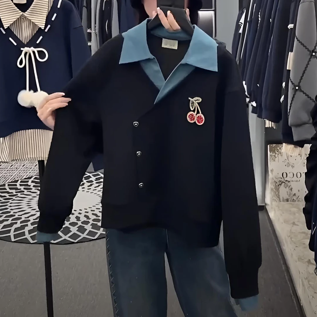 时尚潮流百搭假两件女装拼接樱桃显瘦长袖卫衣