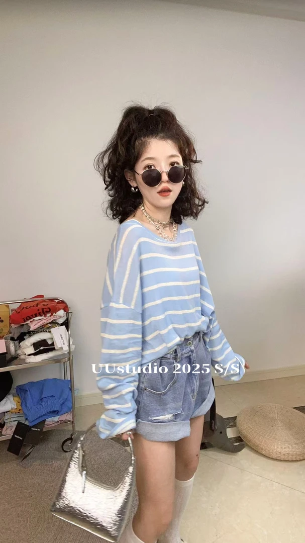 条纹吸湿排汗长袖镂空慵懒风T恤时尚蓝色夏季打底衫韩版套装