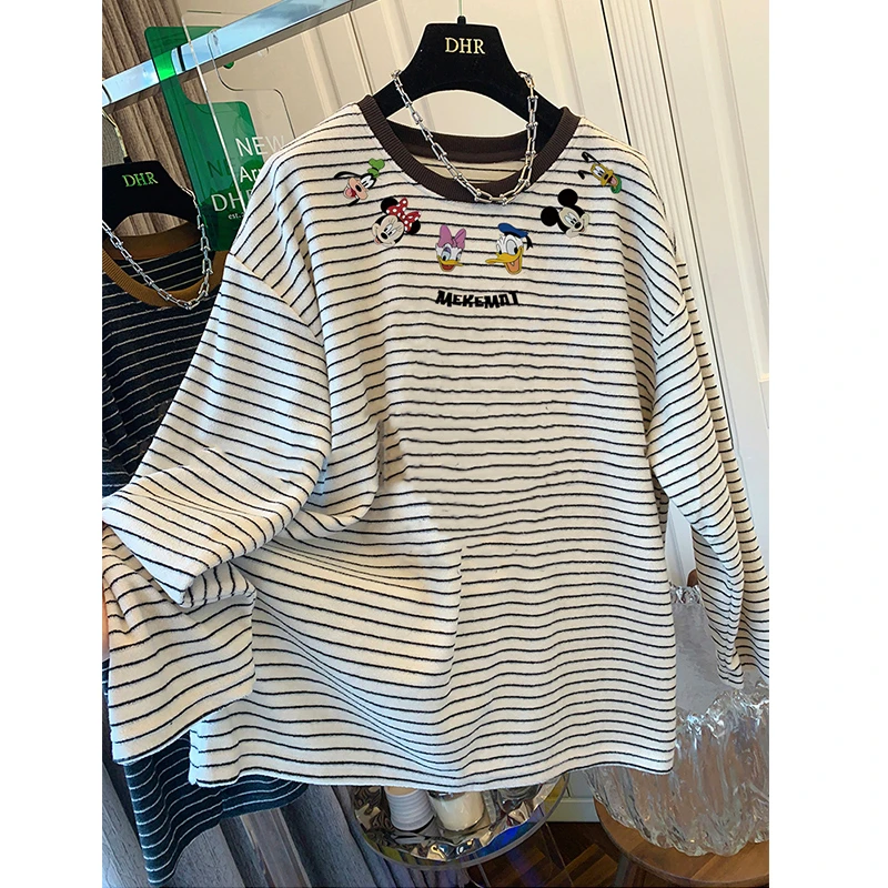 胖MM200斤大码卡通加厚磨毛条纹上衣打底衫女秋冬内搭叠穿T恤长袖