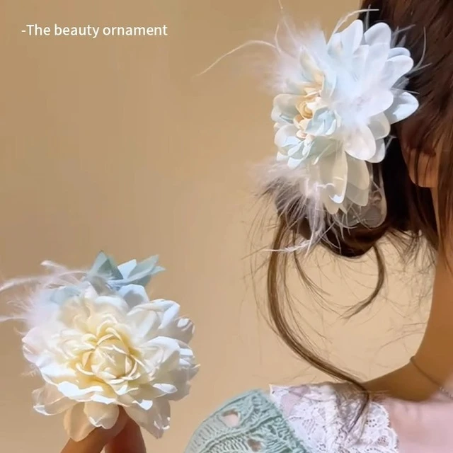 法式羽毛花朵发夹女早春韩系度假风头花超仙侧边刘海鸭嘴夹子发卡