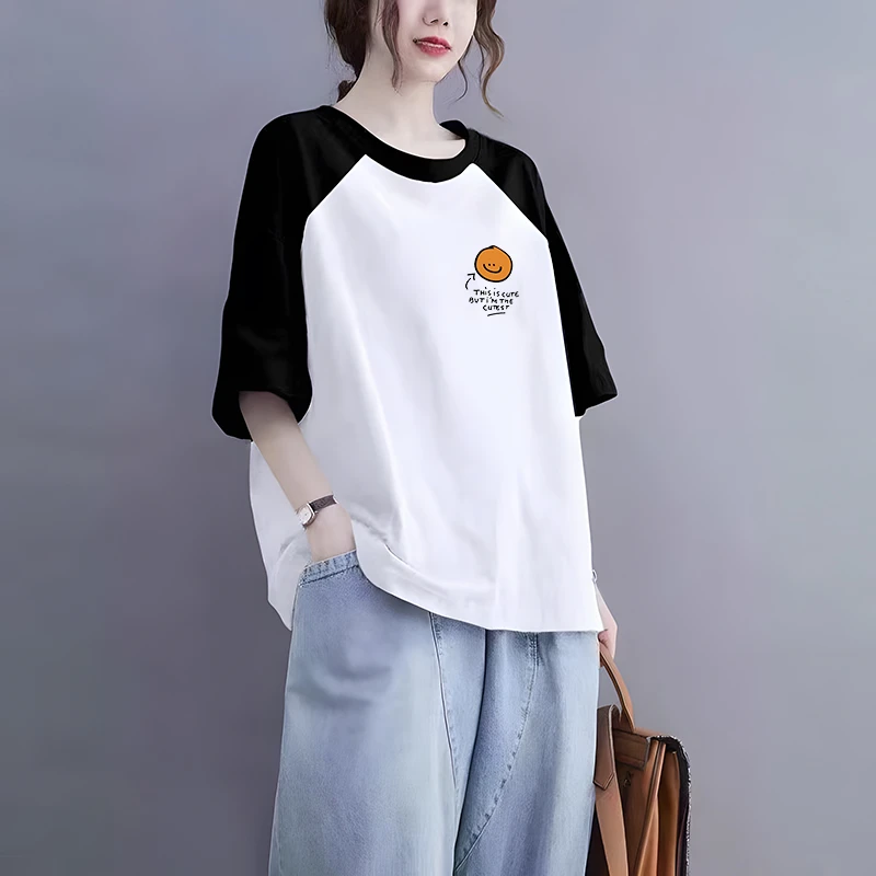 100%棉插肩袖短袖T恤女夏大码200斤宽松显瘦时尚休闲百搭圆领上衣