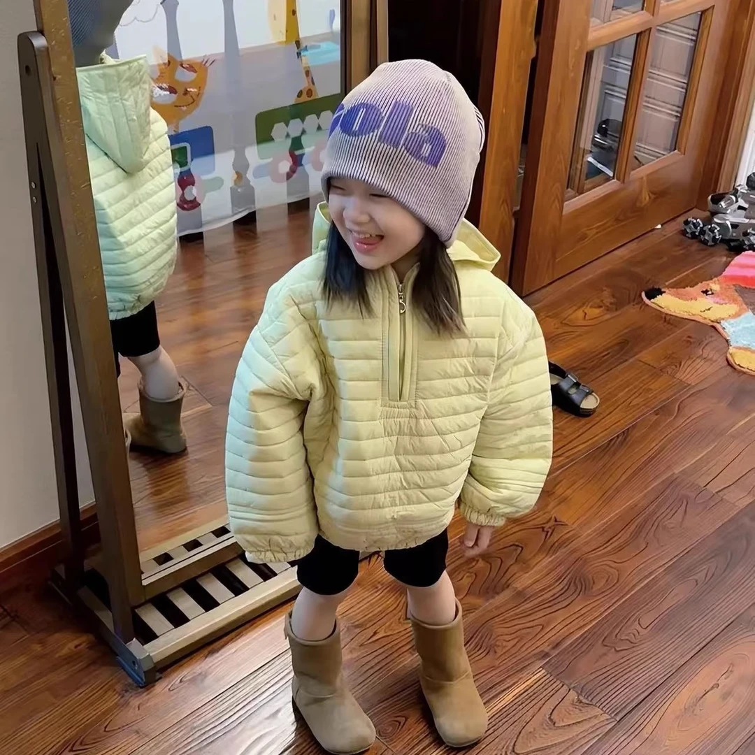 韩系童装儿童夹棉连帽卫衣棉服男女童新款宽松半拉链套头棉衣秋款