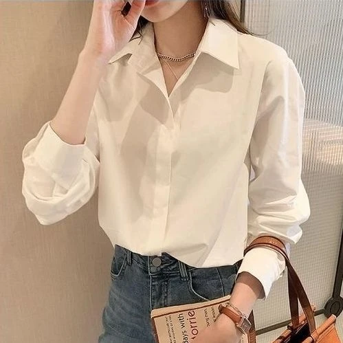 纯棉长袖白色气质衬衫内搭女春秋宽松时尚打底白衬衣显瘦洋气上衣